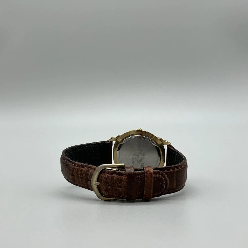 Elgin Swiss Mens Watch 36mm Gold Tone Brown Leather FLS30-040 New Battery